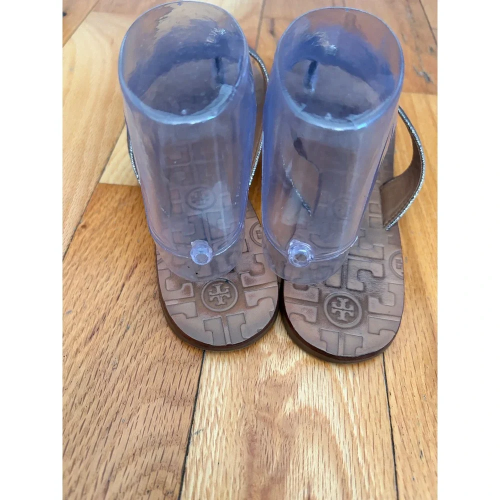Tory Burch Thora Bronze Leather Gold Logo Flip Flop Thong Sandal Size 9